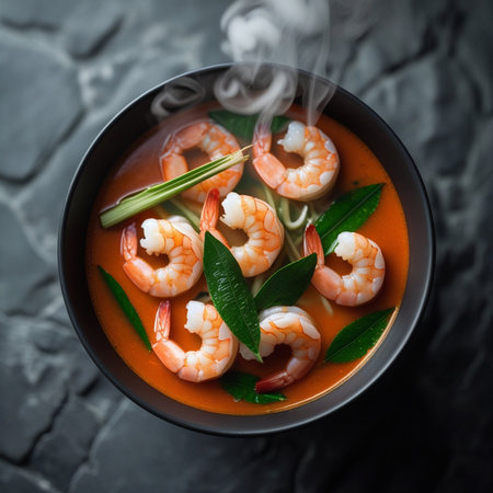 Tom yum soup with shrimps in bowl on dark backgroundの素材
