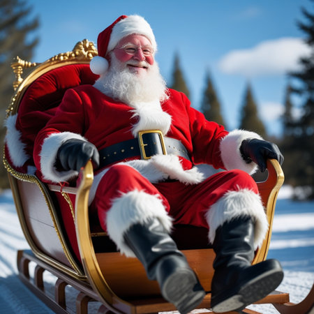 Santa Claus sitting in a sleigh and smiling at the camera.の素材