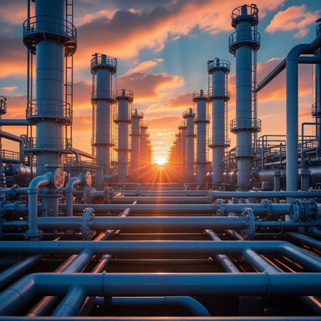 Industrial zone,The equipment of oil refining,Detail of oil pipeline at sunset.の素材
