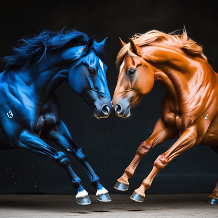 Two horses running in studio on dark background. Blue and red colorの素材