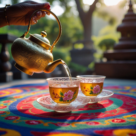 tea ceremony on the table in the morning light, selective focusの素材