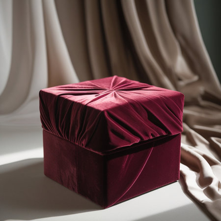 Red gift box with a bow on the background of a curtain.の素材