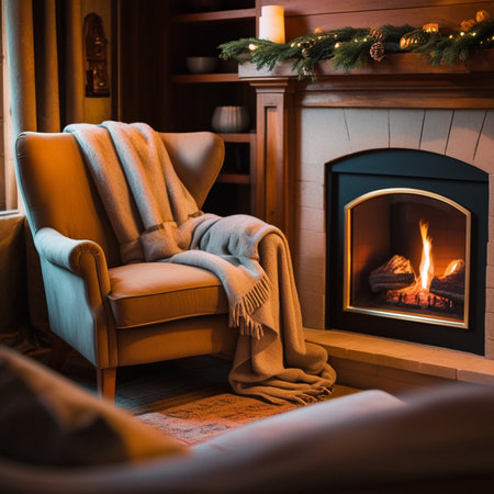 Cozy living room with fireplace and comfortable armchair. Christmas conceptの素材