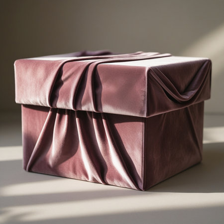Gift box with brown satin fabric on a white background.の素材