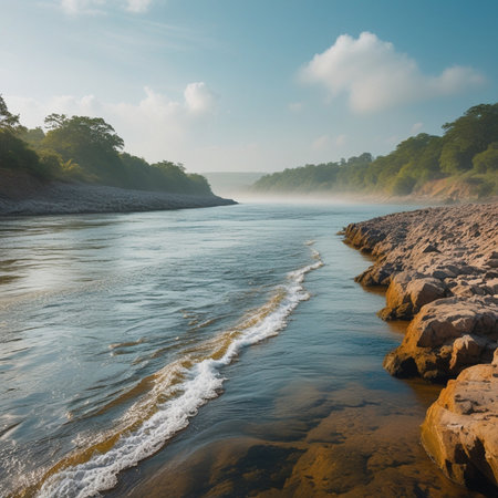 Beautiful landscape of a river flowing through the forest at sunrise.の素材