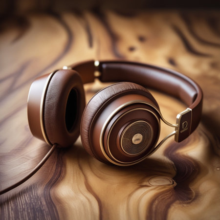 Headphones on a wooden background. Music concept. Close up.の素材