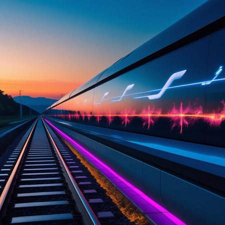 Railway station at sunset. Railway in motion blur. Railway station in the evening.の素材