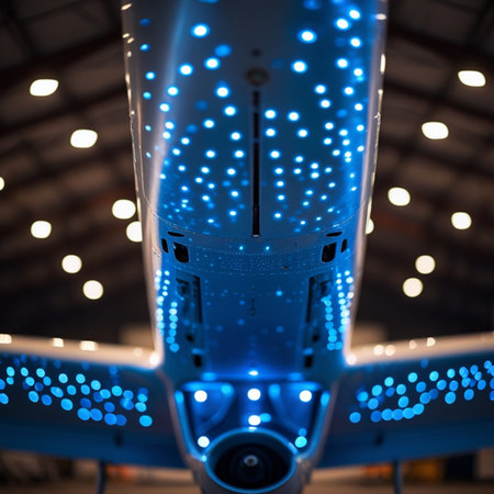 Close-up of a modern airplane with blue lights in the hangarの素材