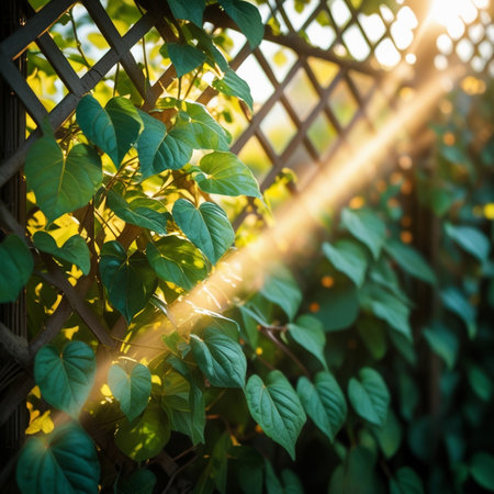 Green leaves on the fence with sunlight in the morning. Natural background.の素材