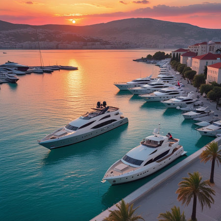 Aerial view of luxury yachts and motor boats in harbor at sunset.の素材