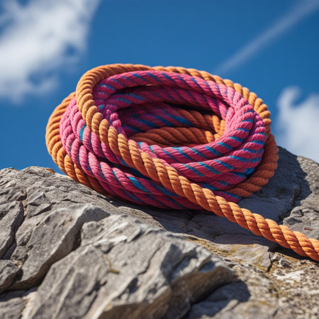 Rope tied to a rock with a blue sky in the backgroundの素材