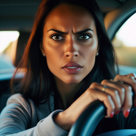 Close up portrait of a serious young woman driving a car and looking at cameraの素材