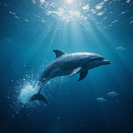 Dolphin swimming in deep blue ocean. 3D Rendering.の素材