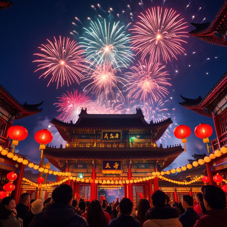 People enjoy the beautiful firework display at Xian, China.の素材