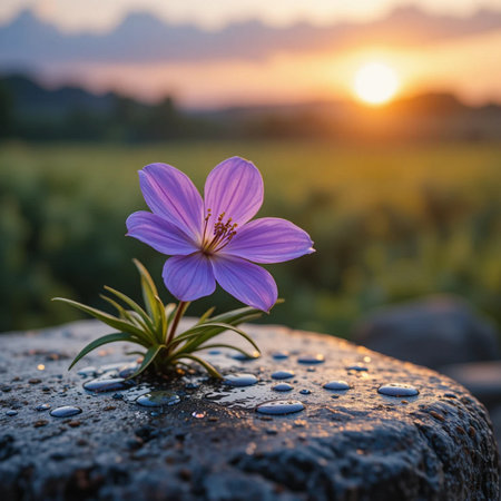 Purple crocus flower on the meadow with beautiful sunset.の素材