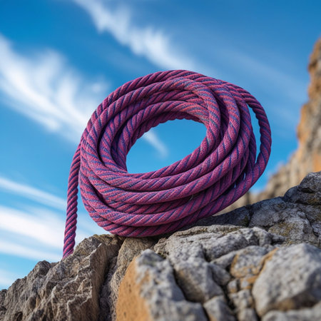 climbing rope on the rock with blue sky in the backgroundの素材