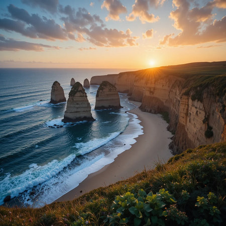 Sunset over the Twelve Apostles in Etretat, Normandy, Franceの素材