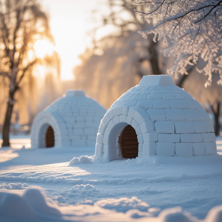 Igloo in the snow at sunset. Winter vacation concept.の素材