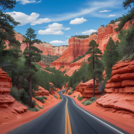 Road through the red sandstone cliffs of Sedona, Arizona.の素材