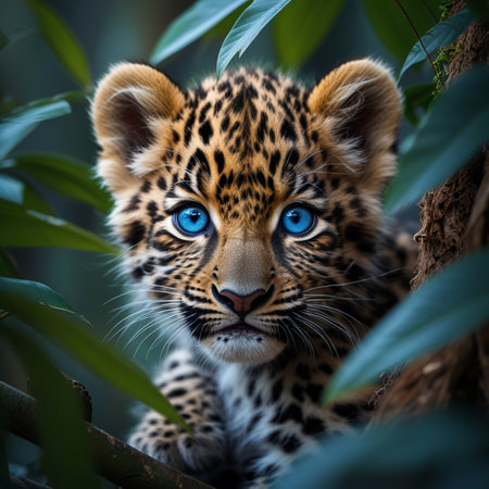 Portrait of a wild leopard cub with blue eyes in the jungleの素材