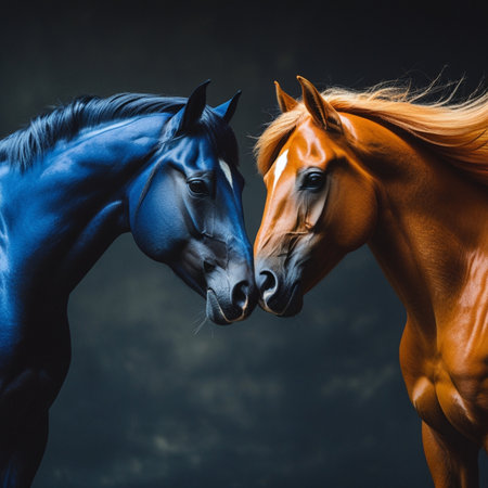 Two young horses on dark background. Portrait of a purebred horse.の素材