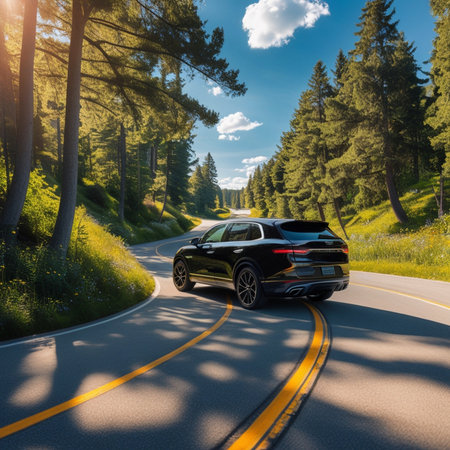 Black car on the road in the mountains. 3d rendering.の素材