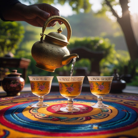 tea ceremony with teapot and cups in the garden.の素材