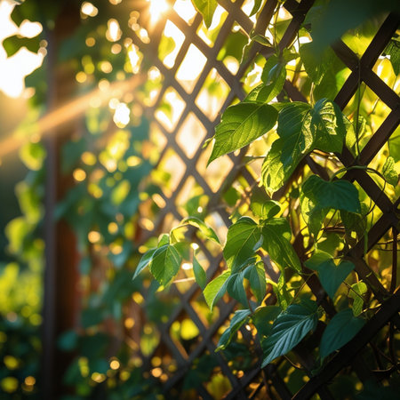 Green leaves on the fence at sunset. Natural background with copy space.の素材