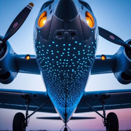 A closeup shot of the front of an airplane with a blue backgroundの素材