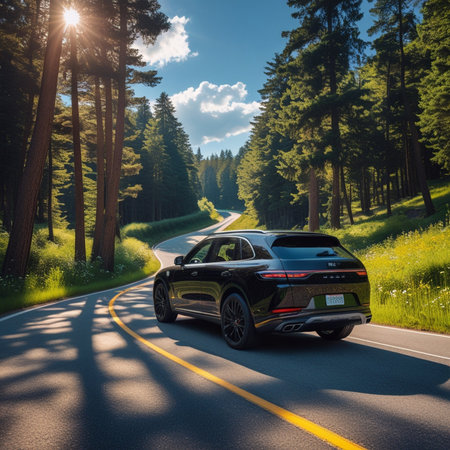Car on the road in the forest. 3d rendering image.の素材