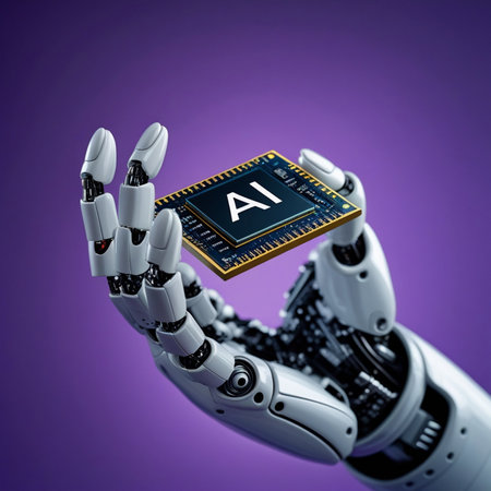 3d rendering robotic hand holding a computer chip with artificial intelligence symbolの素材