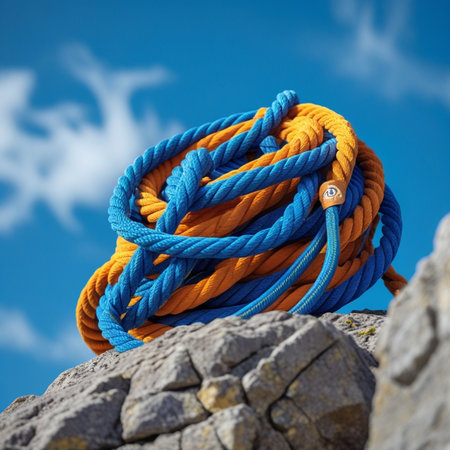 rope with blue and orange ropes on the top of the mountainの素材