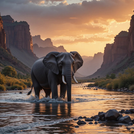 Elephant in the river at sunset, Monument Valley, Arizona, USAの素材