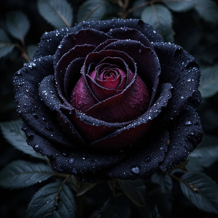 Beautiful dark red rose with water drops on petals close upの素材