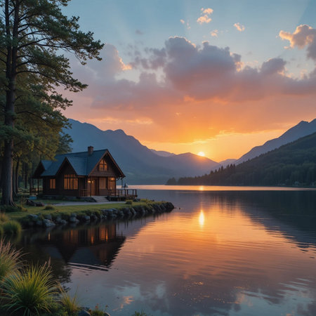 Sunset on a lake with a mountain hut in the background.の素材