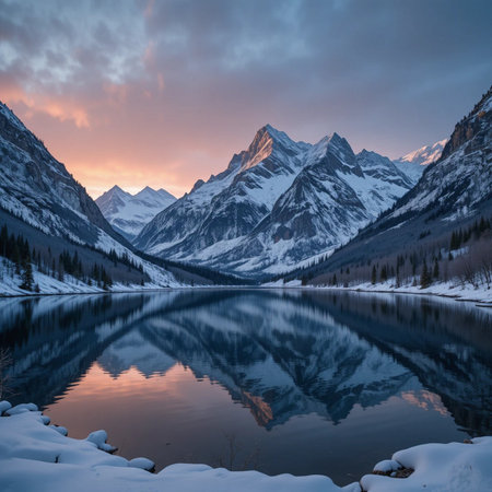 Mountain lake with reflection of snow-capped mountains at sunset.の素材