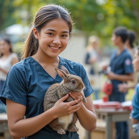 Asian girl holding a rabbit in her hands. Lopburi, Thailand.の素材