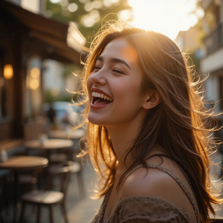 Close up portrait of a beautiful young Asian woman smiling while sitting in a cafe outdoorsの素材