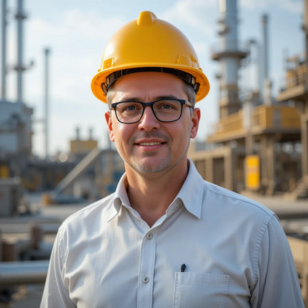 Portrait of a young male engineer wearing a safety helmet and glasses standing in front of a refineryの素材