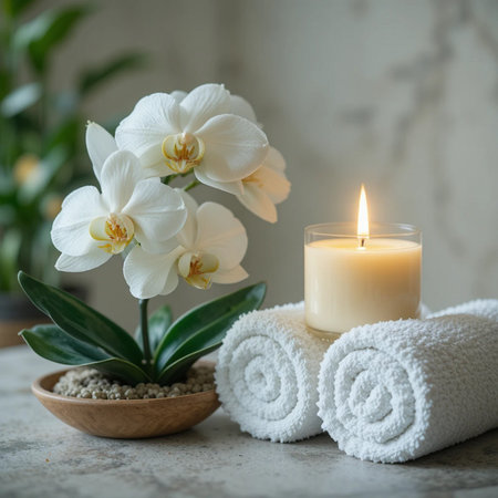 Spa still life with white orchids, candles and towelsの素材