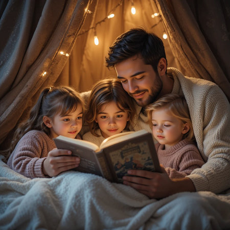 happy family reading book together in bed at home during Christmas timeの素材