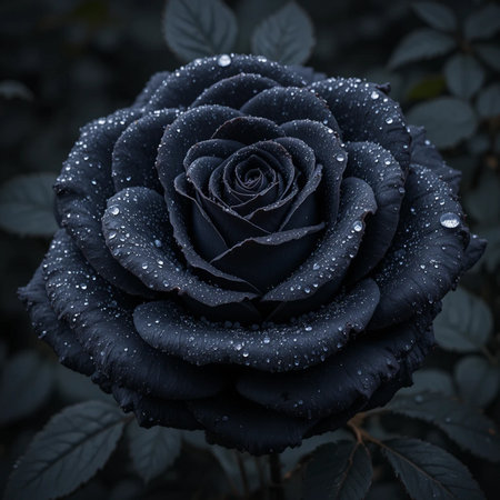 Black rose with dew drops on the petals close-upの素材