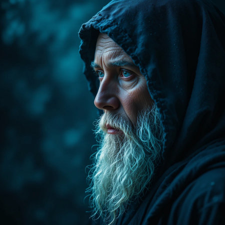 close-up portrait of an old man with long gray beard and mustache in a black hood on a dark backgroundの素材