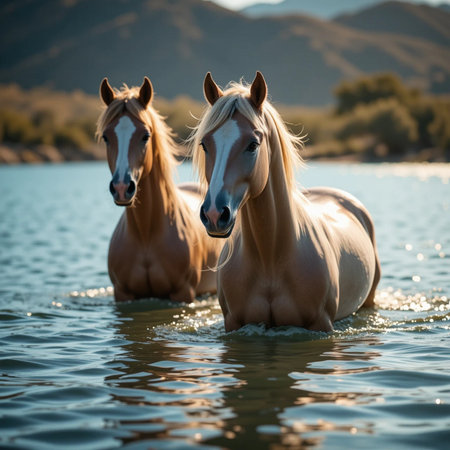 Beautiful palomino horses swimming in the water in the lakeの素材