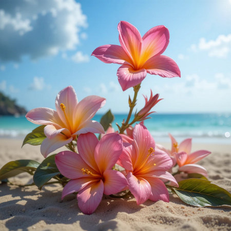 Pink frangipani flowers on the beach with blue sky backgroundの素材