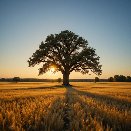 Lonely oak tree in wheat field at sunset. Summer landscape.の素材