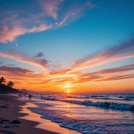 Beautiful sunset on the beach in Sri Lanka. Colorful sky.の素材