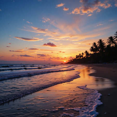 Beautiful sunset on the beach with palm trees. Sri Lanka.の素材