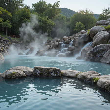Waterfall in the Japanese garden with clear blue water and green grassの素材