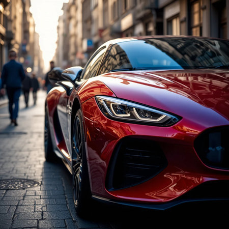 Closeup of red Lamborghini car parked in the streetの素材